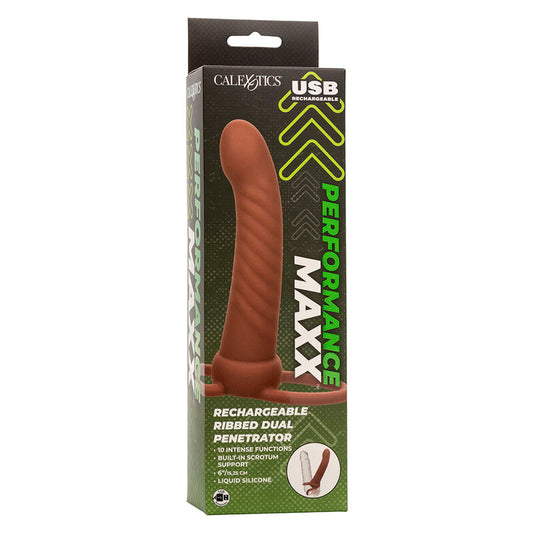 CALEXOTICS - MAXX RIBBED DUBBEL PENETRATOR 10 VIBRATIONER BRUN