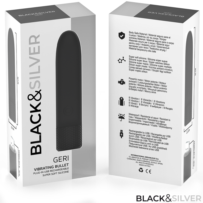 SVART & SILVER - GERI USB UPPLADDNINGSBAR VIBRERANDE KULA 8 VIBRATIONER SVART 10 X 2.2 CM