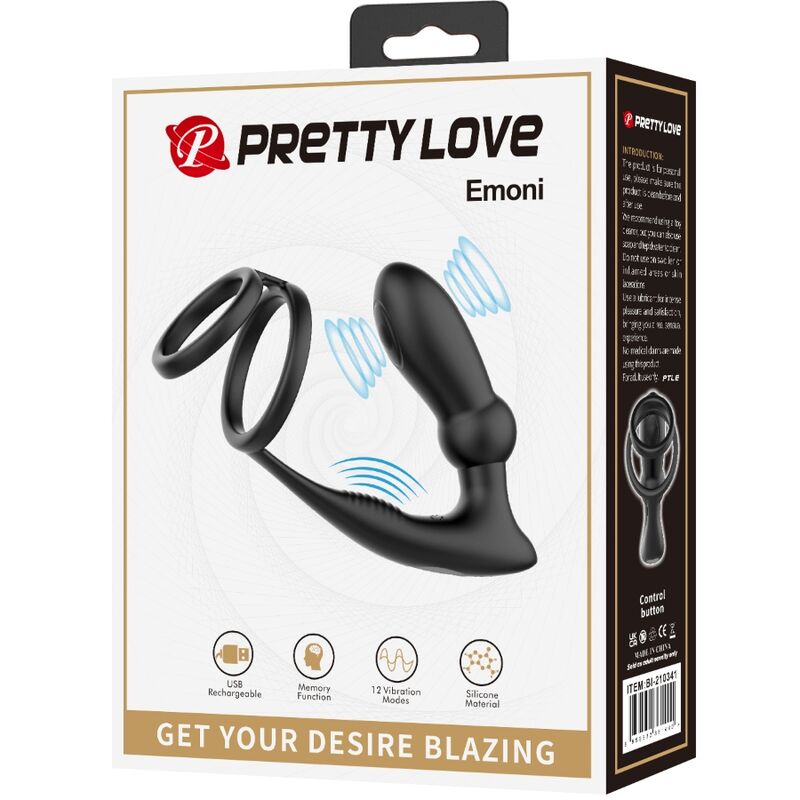 PRETTY LOVE - EMONI PENISRING + ANALPLUGG 12 VIBRATIONER SVART