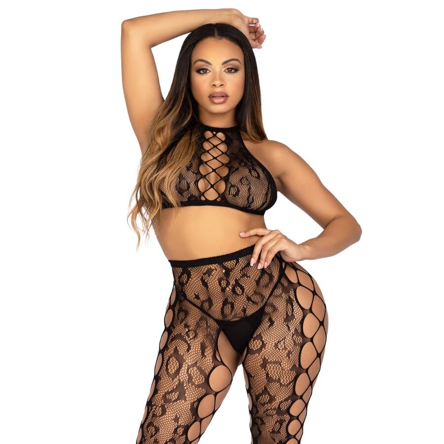 LEG AVENUE - 89372 CROP TOP & GRENLÖSA STRUMPBYXOR SVART - ONE SIZE
