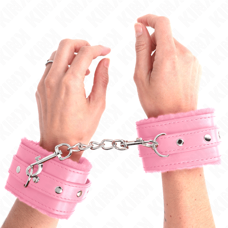 KINK - PREMIUM FUR LINED WRIST RESTRAINTS PINK WITH PINK BELT ADJUSTABLE 17 - 29 CM X 6 CM - Kink&Play