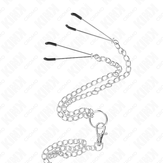 KINK - TRIPLE CHROME METAL PENIS RING 3.8 CM TO 5 CM WITH 26 CM METAL CHAIN AND NIPPLE CLAMPS MODEL 2 - Kink&Play