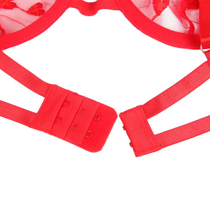 SUBBLIME - 954321 HEART PRINT BRA + THONG + GARTER BELT RED S/M - Kink&Play