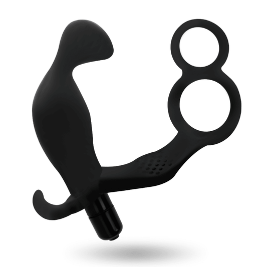 ADDICTED TOYS - ANAL PLUG WITH DOUBLE PENIS RING AND TESTICLES BLACK - Kink&Play