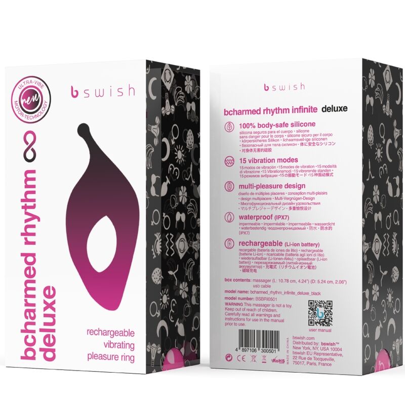B SWISH - BCHARMED RHYTHM INFINITE DELUXE PENIS RING 15 VIBRATIONS BLACK - Kink&Play