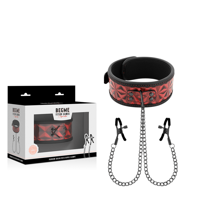 BEGME - RED EDITION COLLAR WITH NIPPLE CLAMPS WITH NEOPRENE LINING - Kink&Play