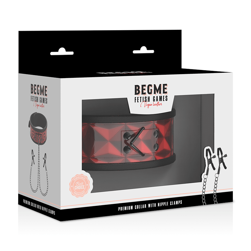 BEGME - RED EDITION COLLAR WITH NIPPLE CLAMPS WITH NEOPRENE LINING - Kink&Play