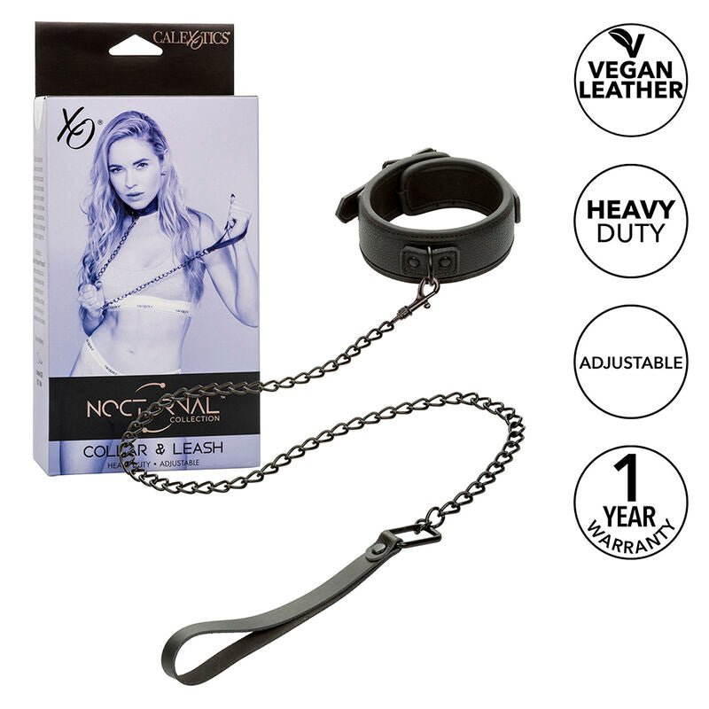 CALEXOTICS - NOCTURNAL COLLAR & LEASH LEATHER ADJUSTABLE BLACK - Kink&Play