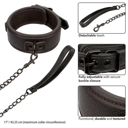 CALEXOTICS - NOCTURNAL COLLAR & LEASH LEATHER ADJUSTABLE BLACK - Kink&Play