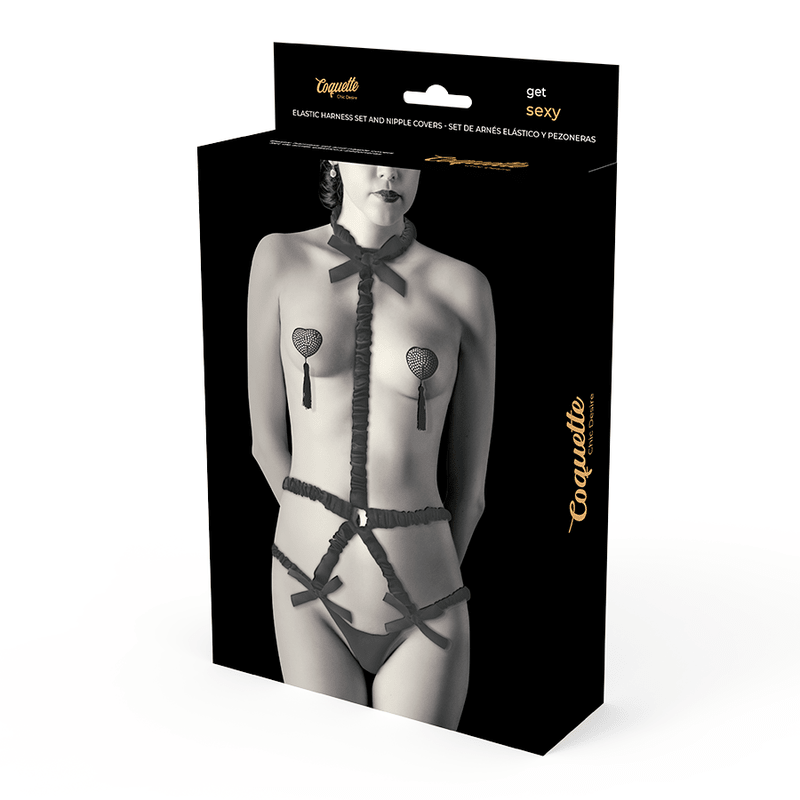 COQUETTE CHIC DESIRE - ELASTIC HARNESS SET AND NIPPLE COVERS BLACK - Kink&Play