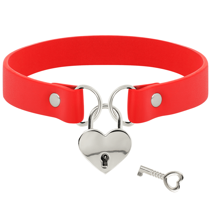 COQUETTE CHIC DESIRE - RED VEGAN LEATHER NECKLACE WITH HEART ACCESSORY WITH KEY - Kink&Play