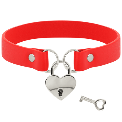 COQUETTE CHIC DESIRE - RED VEGAN LEATHER NECKLACE WITH HEART ACCESSORY WITH KEY - Kink&Play