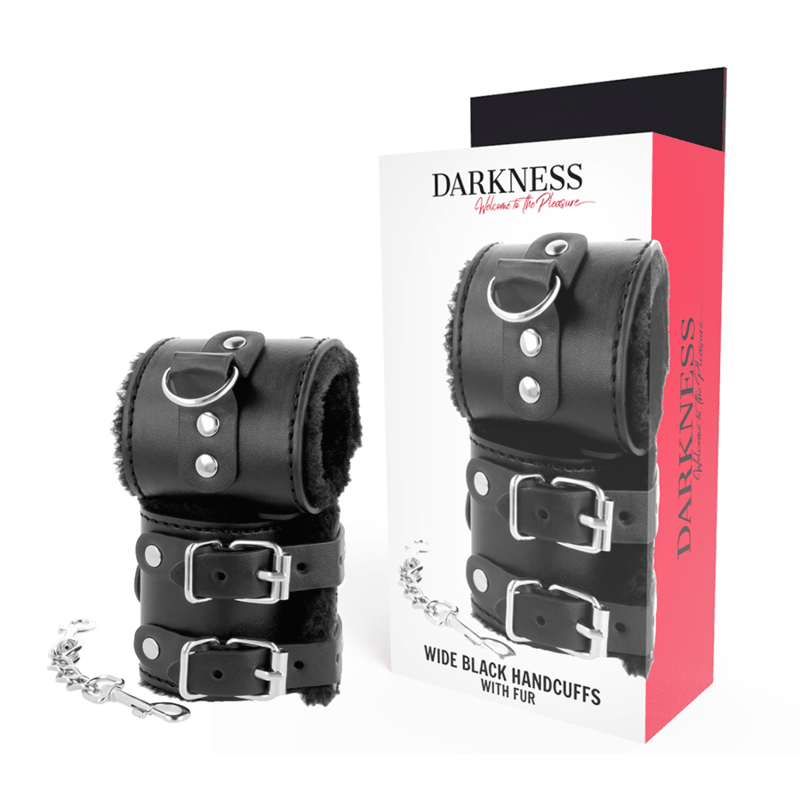 DARKNESS - BLACK ADJUSTABLE LEATHER HANDCUFFS WITH LINING - Kink&Play