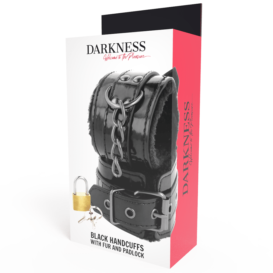 DARKNESS - BLACK ADJUSTABLE LEATHER HANDCUFFS WITH PADLOCK - Kink&Play