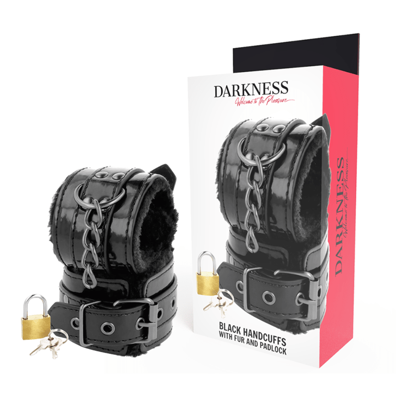 DARKNESS - BLACK ADJUSTABLE LEATHER HANDCUFFS WITH PADLOCK - Kink&Play