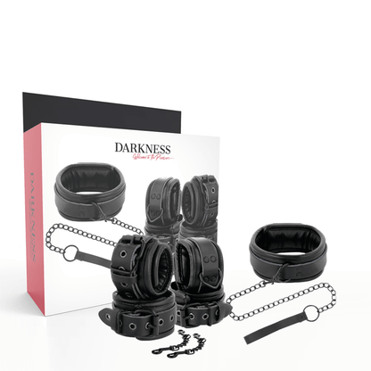 DARKNESS - BLACK LEATHER HANDCUFFS AND COLLAR - Kink&Play