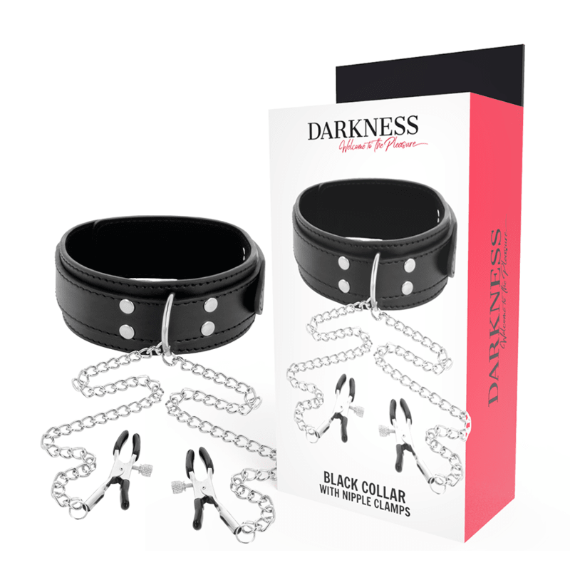DARKNESS - COLLAR WITH NIPPLE CLAMPS BLACK - Kink&Play