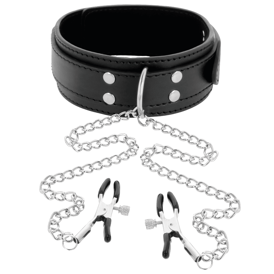 DARKNESS - COLLAR WITH NIPPLE CLAMPS BLACK - Kink&Play