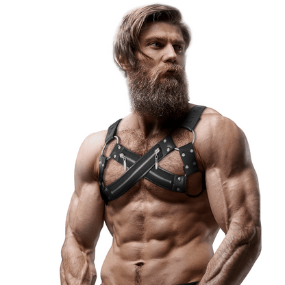 FETISH SUBMISSIVE ATTITUDE - ADJUSTABLE NEOPRENE CROSS - OVER CHEST BULLDOG HARNESS WITH ZIPPERS FOR MEN - Kink&Play
