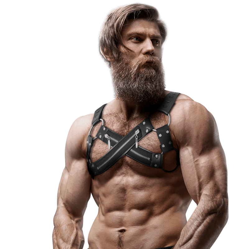 FETISH SUBMISSIVE ATTITUDE - ADJUSTABLE NEOPRENE CROSS - OVER CHEST BULLDOG HARNESS WITH ZIPPERS FOR MEN - Kink&Play