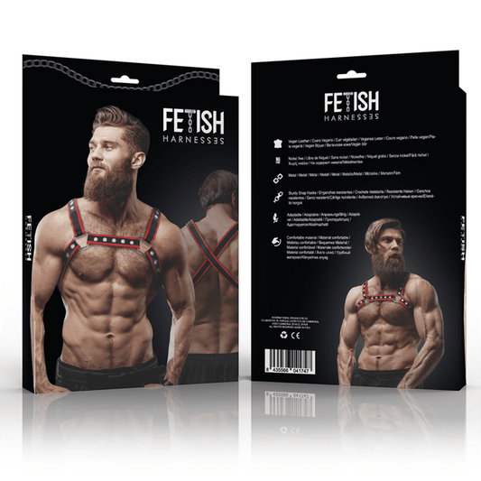 FETISH SUBMISSIVE ATTITUDE - MENS ECO - LEATHER CHEST BULLDOG HARNESS BLACK/RED - Kink&Play
