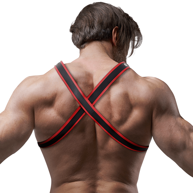 FETISH SUBMISSIVE ATTITUDE - MENS ECO - LEATHER CHEST BULLDOG HARNESS BLACK/RED - Kink&Play