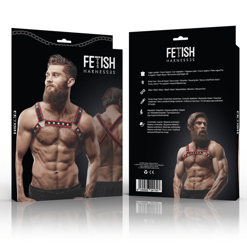FETISH SUBMISSIVE ATTITUDE - MENS ECO - LEATHER CHEST BULLDOG HARNESS BLACK/RED - Kink&Play