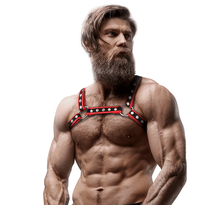 FETISH SUBMISSIVE ATTITUDE - MENS ECO - LEATHER CHEST BULLDOG HARNESS BLACK/RED - Kink&Play