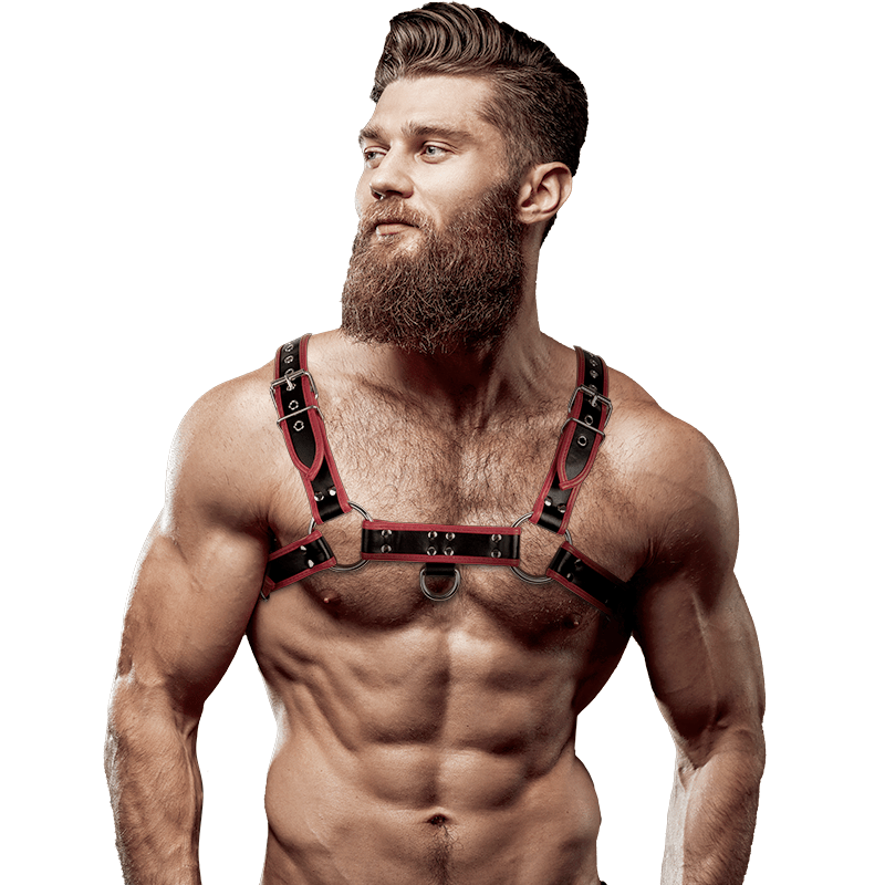 FETISH SUBMISSIVE ATTITUDE - MENS ECO - LEATHER CHEST HARNESS BLACK/RED - Kink&Play
