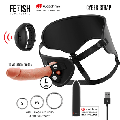 FETISH SUBMISSIVE CYBER STRAP - HARNESS WITH DILDO AND BULLET REMOTE CONTROL WATCHME L TECHNOLOGY - Kink&Play