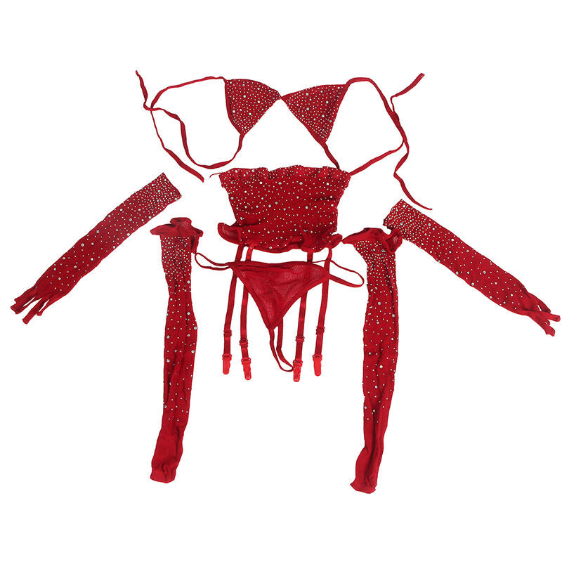SUBBLIME - 952181 FISKNÄTSBODY MED HANDSKAR OCH DIAMANTER RÖD ONE SIZE