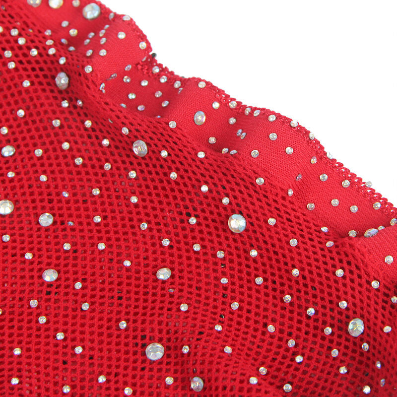 SUBBLIME - 952181 FISKNÄTSBODY MED HANDSKAR OCH DIAMANTER RÖD ONE SIZE