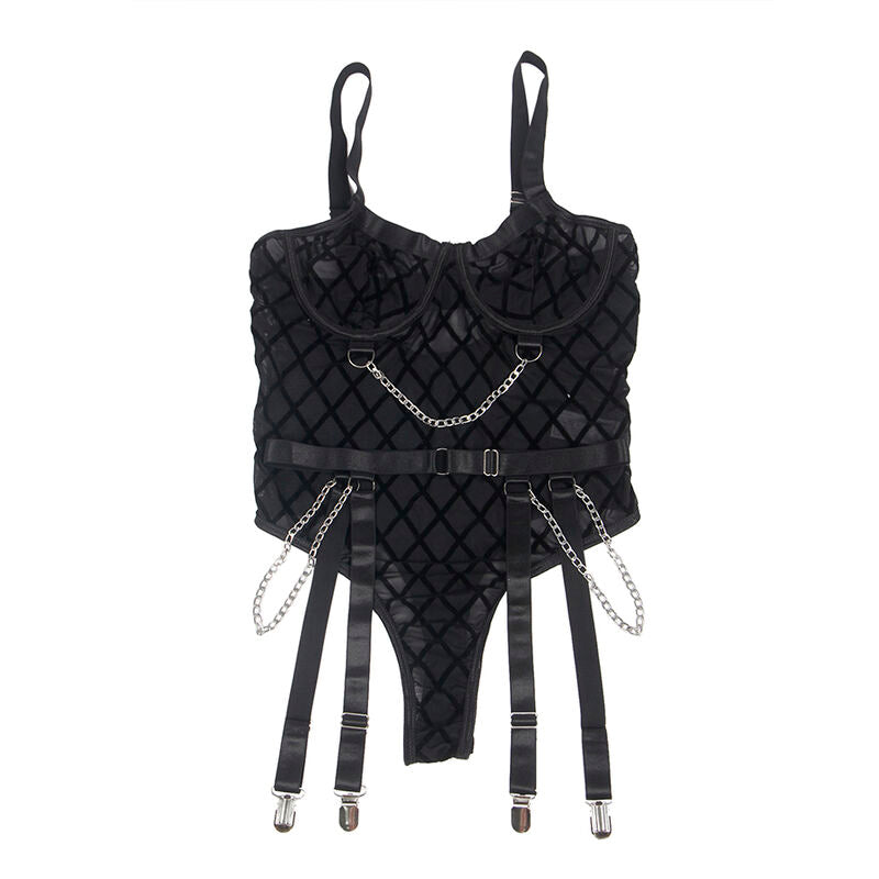 SUBBLIME - 9542277 BODY MED KEDJOR + STRUMPEBANDSHÅLLARE SVART L/XL