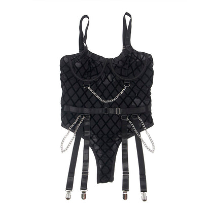 SUBBLIME - 9542277 BODY MED KEDJOR + STRUMPEBANDSHÅLLARE SVART L/XL