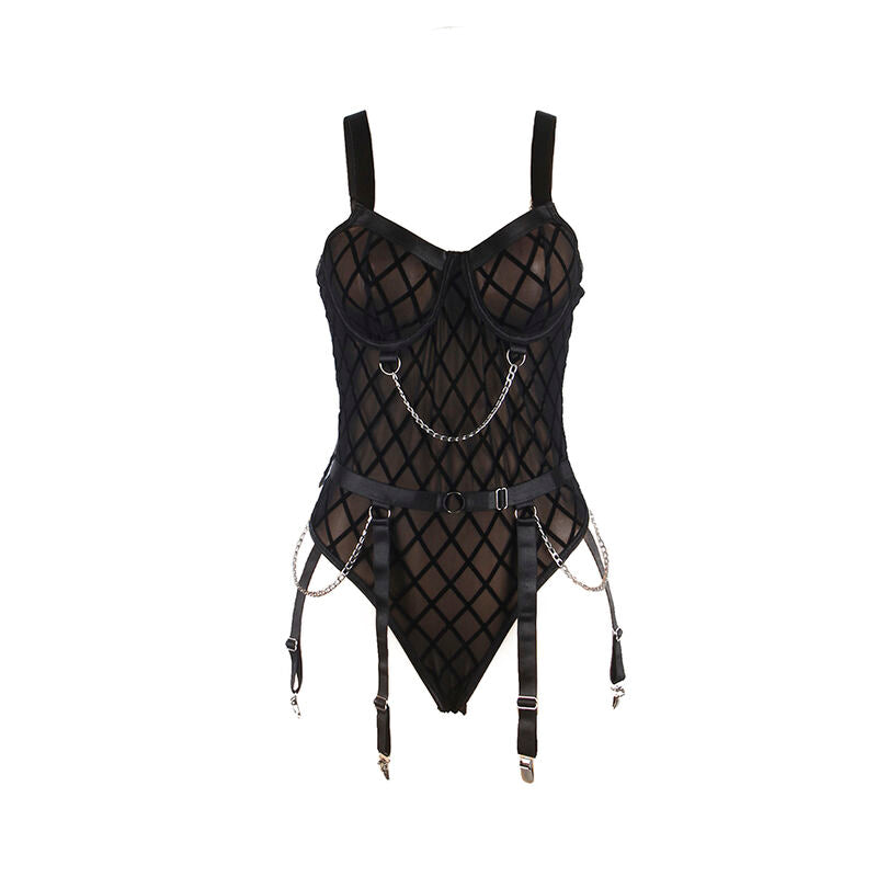 SUBBLIME - 9542277 BODY MED KEDJOR + STRUMPEBANDSHÅLLARE SVART L/XL