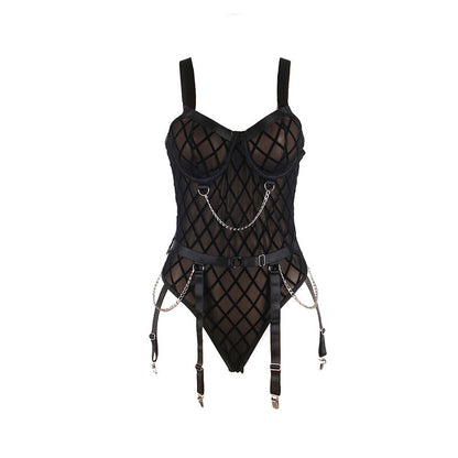 SUBBLIME - 9542277 BODY MED KEDJOR + STRUMPEBANDSHÅLLARE SVART L/XL