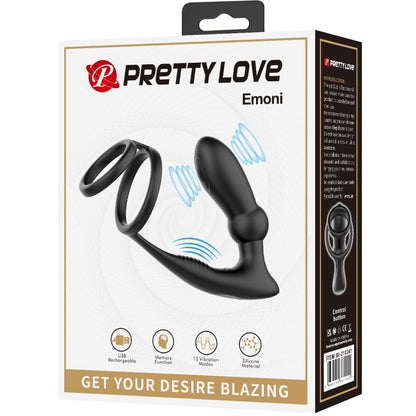 PRETTY LOVE - EMONI PENISRING + ANALPLUGG 12 VIBRATIONER SVART