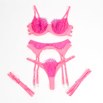 SUBBLIME - 955359 BH-SET MED SPETS OCH STRUMPEBANDSHÅLLARE ROSA OCH LILA S/M
