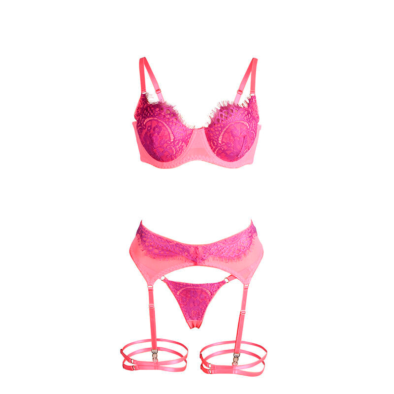 SUBBLIME - 955359 BH-SET MED SPETS OCH STRUMPEBANDSHÅLLARE ROSA OCH LILA S/M