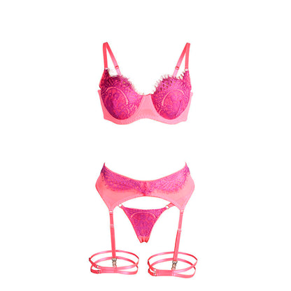 SUBBLIME - 955359 BH-SET MED SPETS OCH STRUMPEBANDSHÅLLARE ROSA OCH LILA S/M