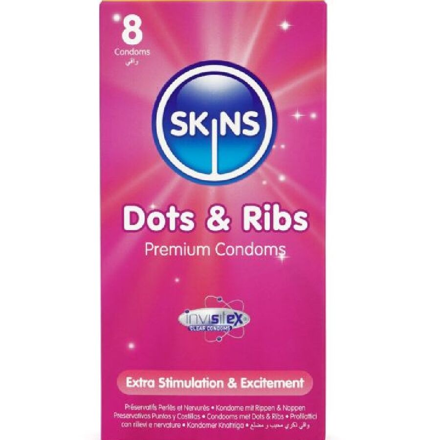 SKINS - PRÄGLADE OCH RILLADE PREMIUMKONDOMER 8-PACK