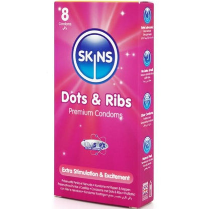 SKINS - PRÄGLADE OCH RILLADE PREMIUMKONDOMER 8-PACK