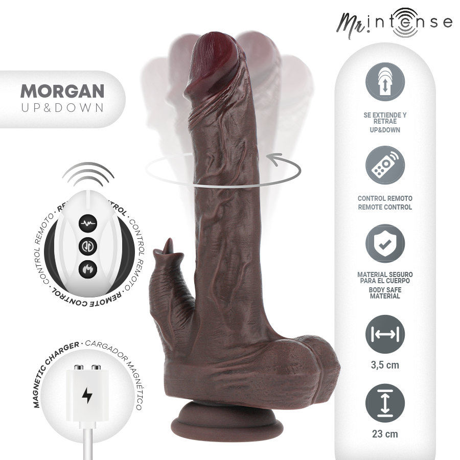 MR INTENSE - MORGAN REALISTISK MULTIFUNKTIONSDOCKA MED VIBRATION OCH FJÄRRKONTROLL SOM RÖRS UPP OCH NER 23 CM -O- 3.5 CM