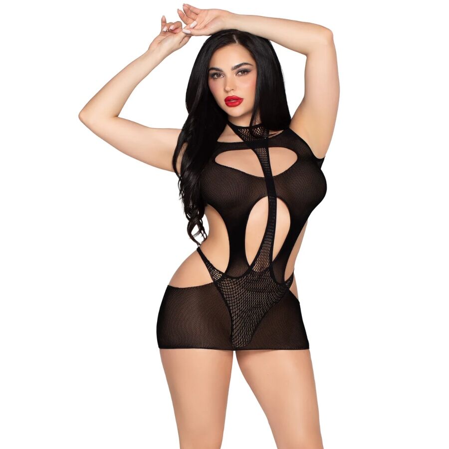 LEG AVENUE - 81680 OPAQUE MINI DRESS AND HALTER TEDDY SVART - ONE SIZE
