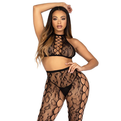 LEG AVENUE - 89372 CROP TOP & GRENLÖSA STRUMPBYXOR SVART - ONE SIZE