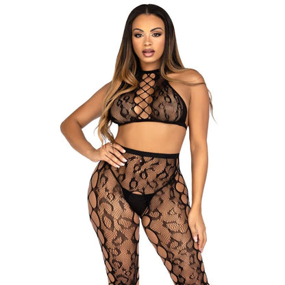 LEG AVENUE - 89372 CROP TOP & GRENLÖSA STRUMPBYXOR SVART - ONE SIZE