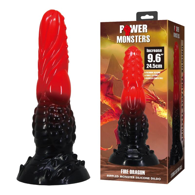 POWER MONSTERS – FIRE DRAGON FANTASY DILDO MED SUGPROPP 24,5 CM Ø 5,8 CM RÖD & SVART