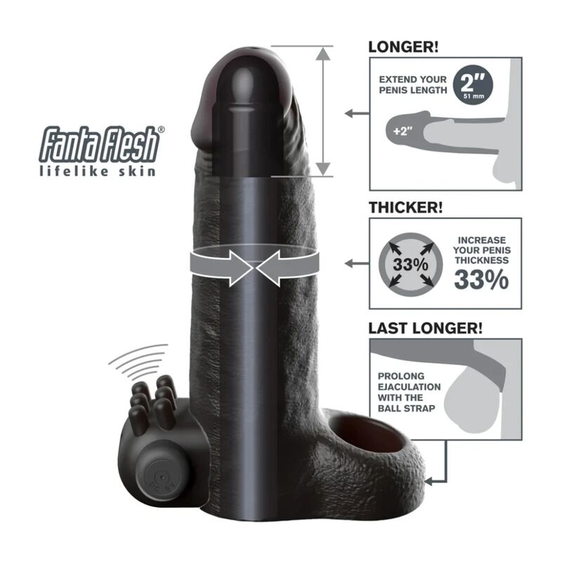 FANTASY X-TENSIONS - VIBRERANDE REAL FEEL 5CM FÖRLÄNGNINGSHYLSA FÖR PENIS SVART