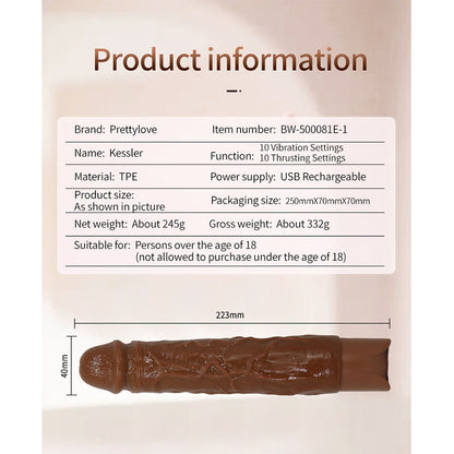 PRETTY LOVE – KESSLER REALISTISK VIBRERANDE DILDO MED 10 VIBRATIONSLÄGEN OCH 10 STÖTLÄGEN, 22 CM, BRUN
