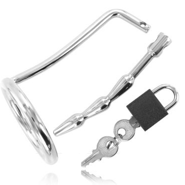 METAL HARD - TESTICLE RING WITH URETHRAL CHASTITY PLUG - Kink&Play